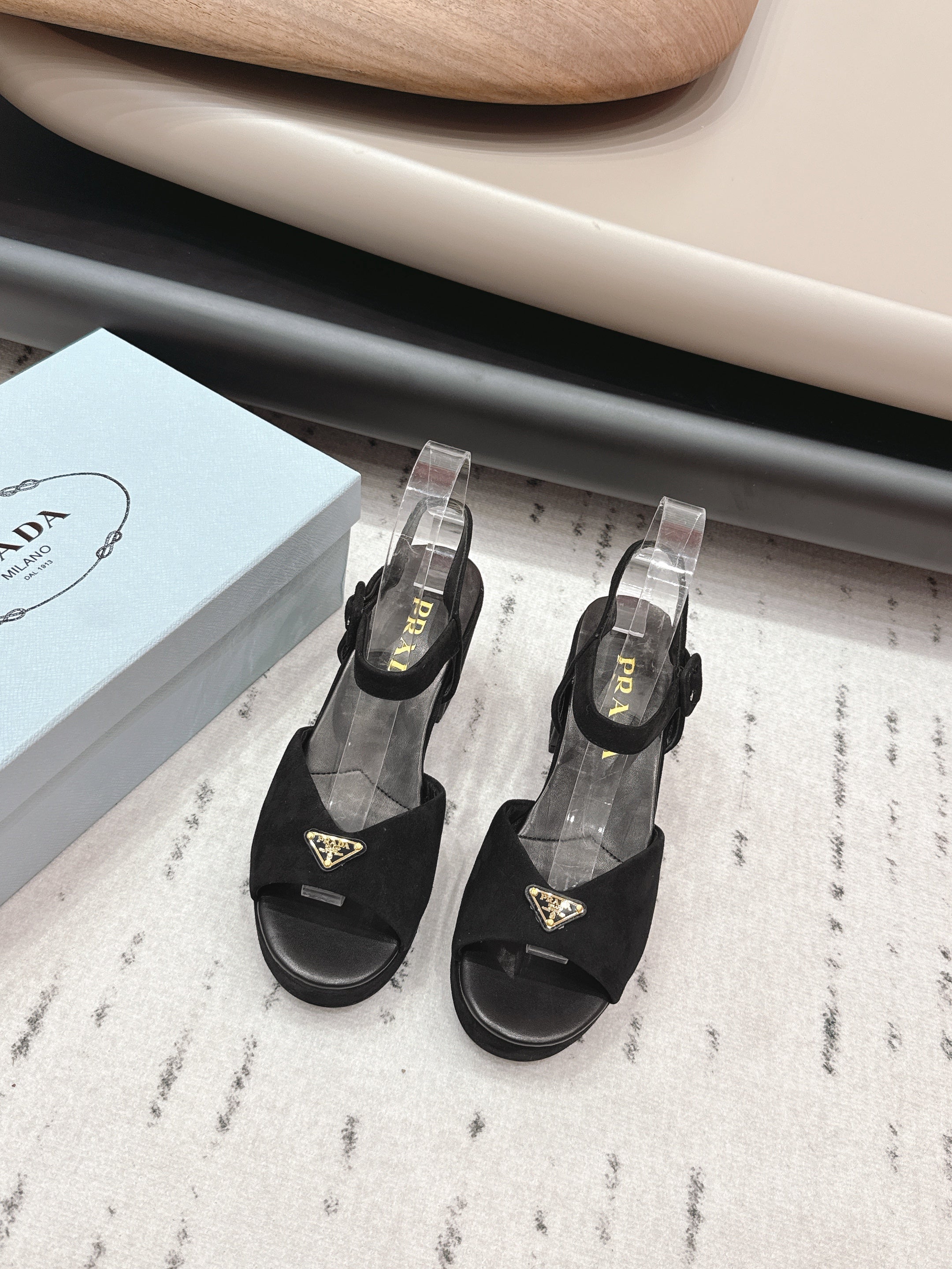 PRADA 26S HEELED SANDALS 75MM IN BLACK SUEDE WITH LOGO