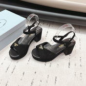PRADA 26S HEELED SANDALS 75MM IN BLACK SUEDE WITH LOGO
