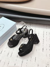 PRADA 26S HEELED SANDALS 75MM IN BLACK SUEDE WITH LOGO