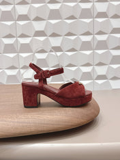 PRADA 26S HEELED SANDALS 75MM IN DARK RED SUEDE WITH LOGO