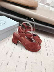 PRADA 26S HEELED SANDALS 75MM IN DARK RED SUEDE WITH LOGO