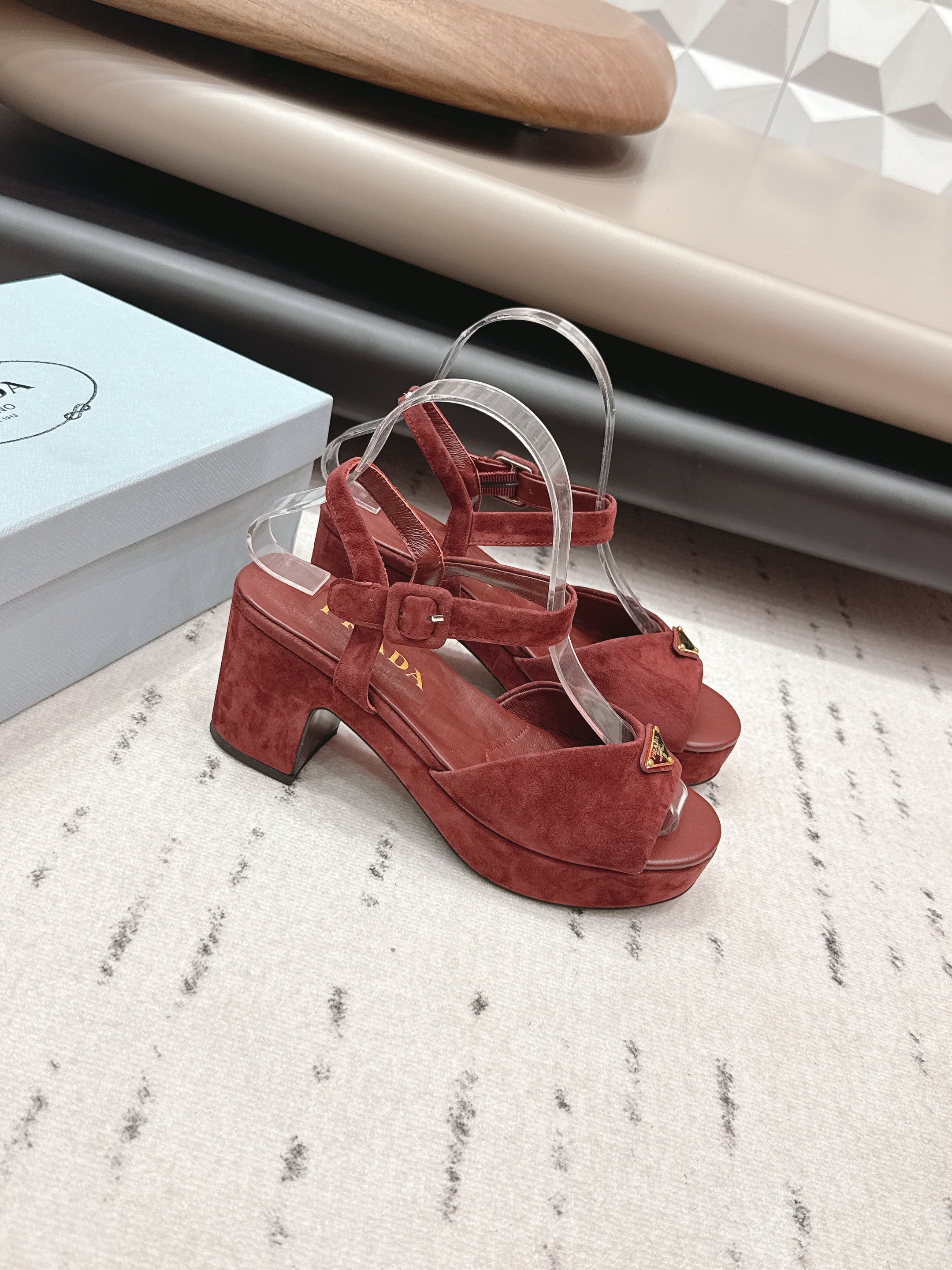 PRADA 26S HEELED SANDALS 75MM IN DARK RED SUEDE WITH LOGO