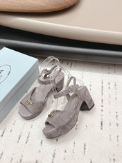 PRADA 26S HEELED SANDALS 75MM IN TAUPE BROWN SUEDE WITH LOGO