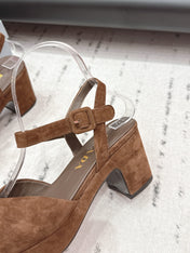 PRADA 26S HEELED SANDALS 75MM IN CARAMEL BROWN SUEDE WITH LOGO