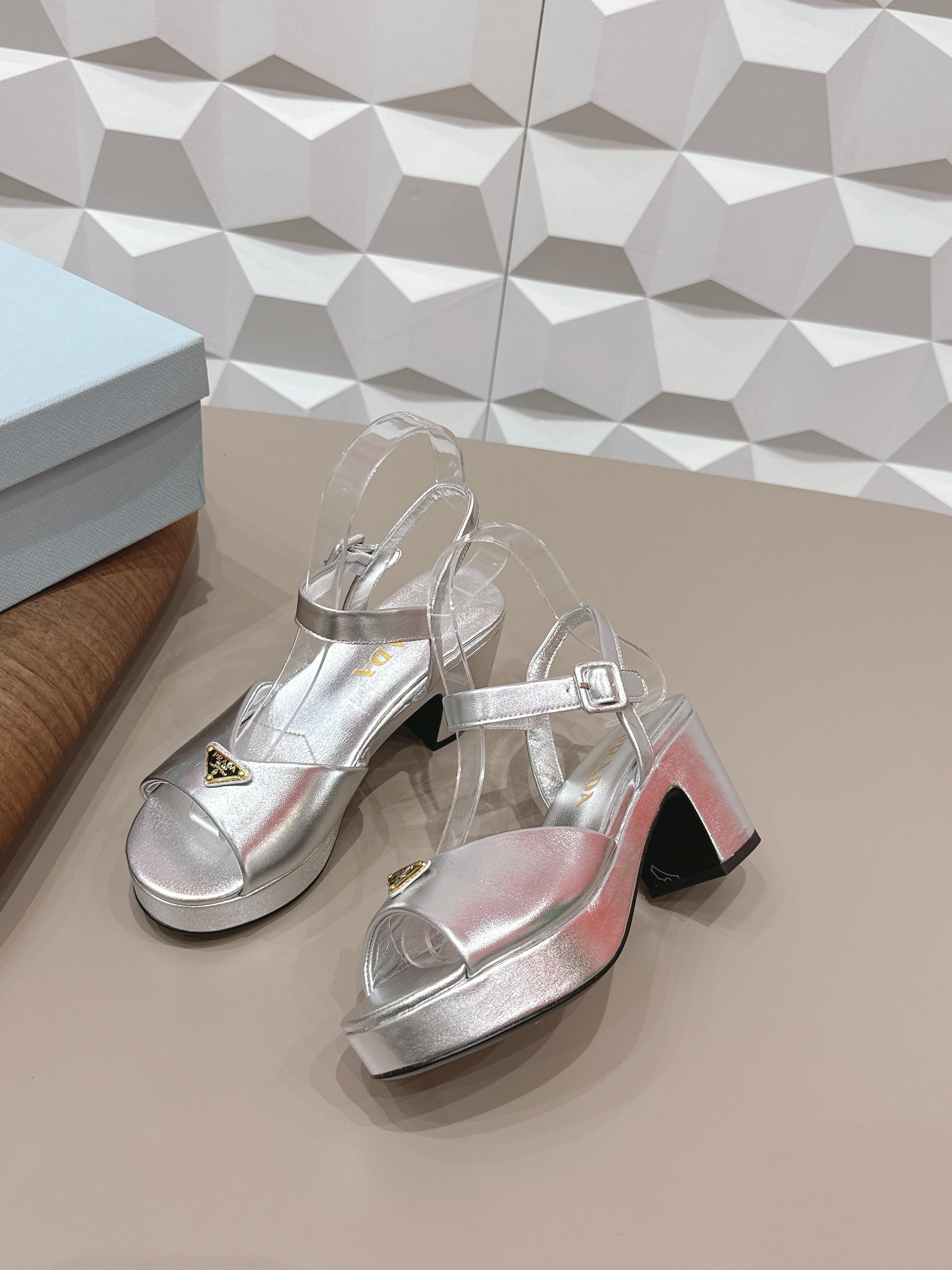 PRADA 26S HEELED SANDALS 75MM IN SILVER CALFSKIN WITH LOGO