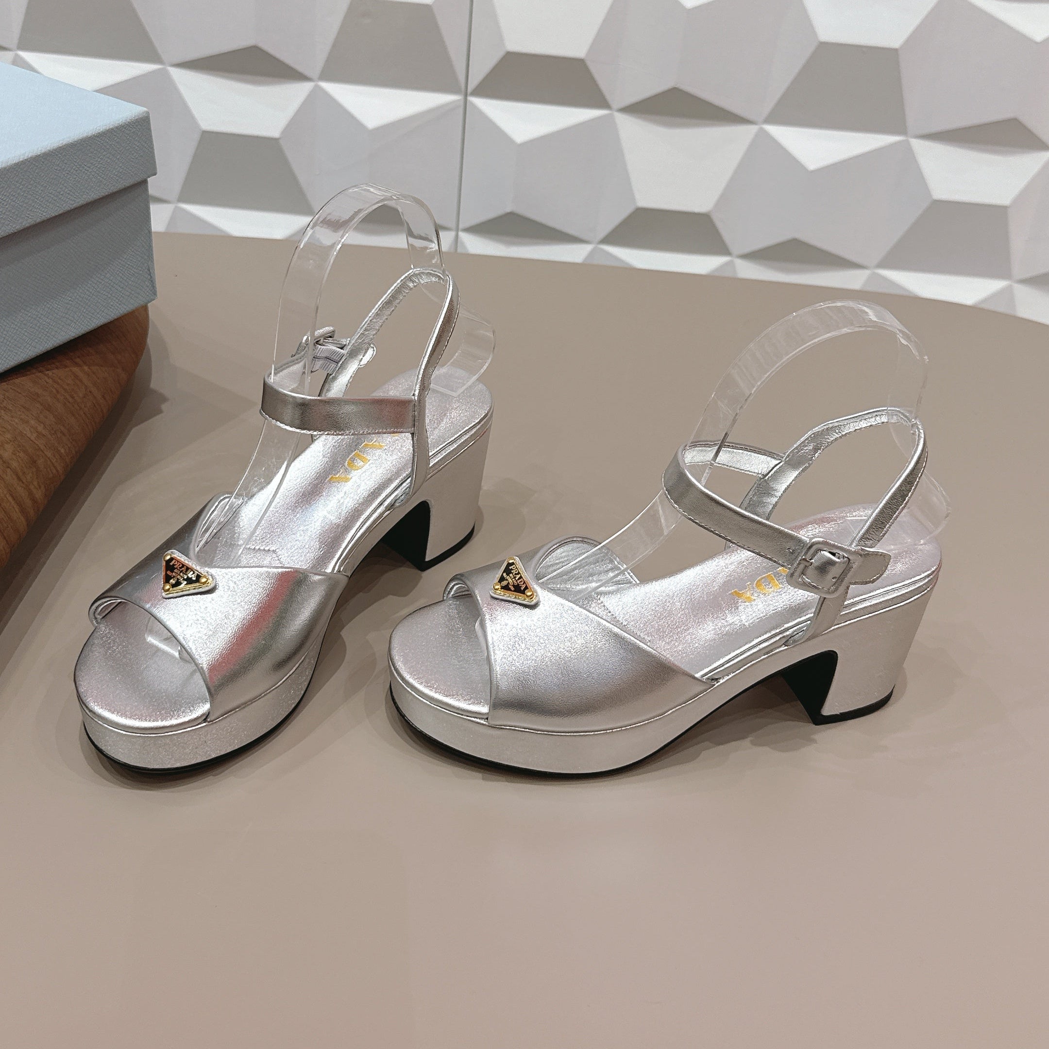 PRADA 26S HEELED SANDALS 75MM IN SILVER CALFSKIN WITH LOGO
