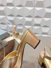 PRADA 26S HEELED SANDALS 75MM IN GOLD CALFSKIN WITH LOGO