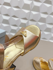 PRADA 26S HEELED SANDALS 75MM IN GOLD CALFSKIN WITH LOGO
