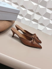 PRADA 26S POINTED TOE LACE TRIM MULES 55MM IN BROWN CALFSKIN WITH BOW