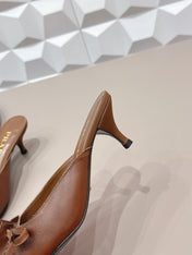 PRADA 26S POINTED TOE LACE TRIM MULES 55MM IN BROWN CALFSKIN WITH BOW