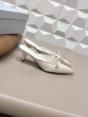 PRADA 26S POINTED TOE LACE TRIM MULES 55MM IN CREAM WHITE CALFSKIN WITH BOW