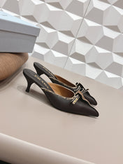 PRADA 26S POINTED TOE LACE TRIM MULES 55MM IN BLACK CALFSKIN WITH BOW