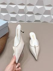 PRADA 26S POINTED TOE LACE TRIM MULES 55MM IN CREAM WHITE CALFSKIN