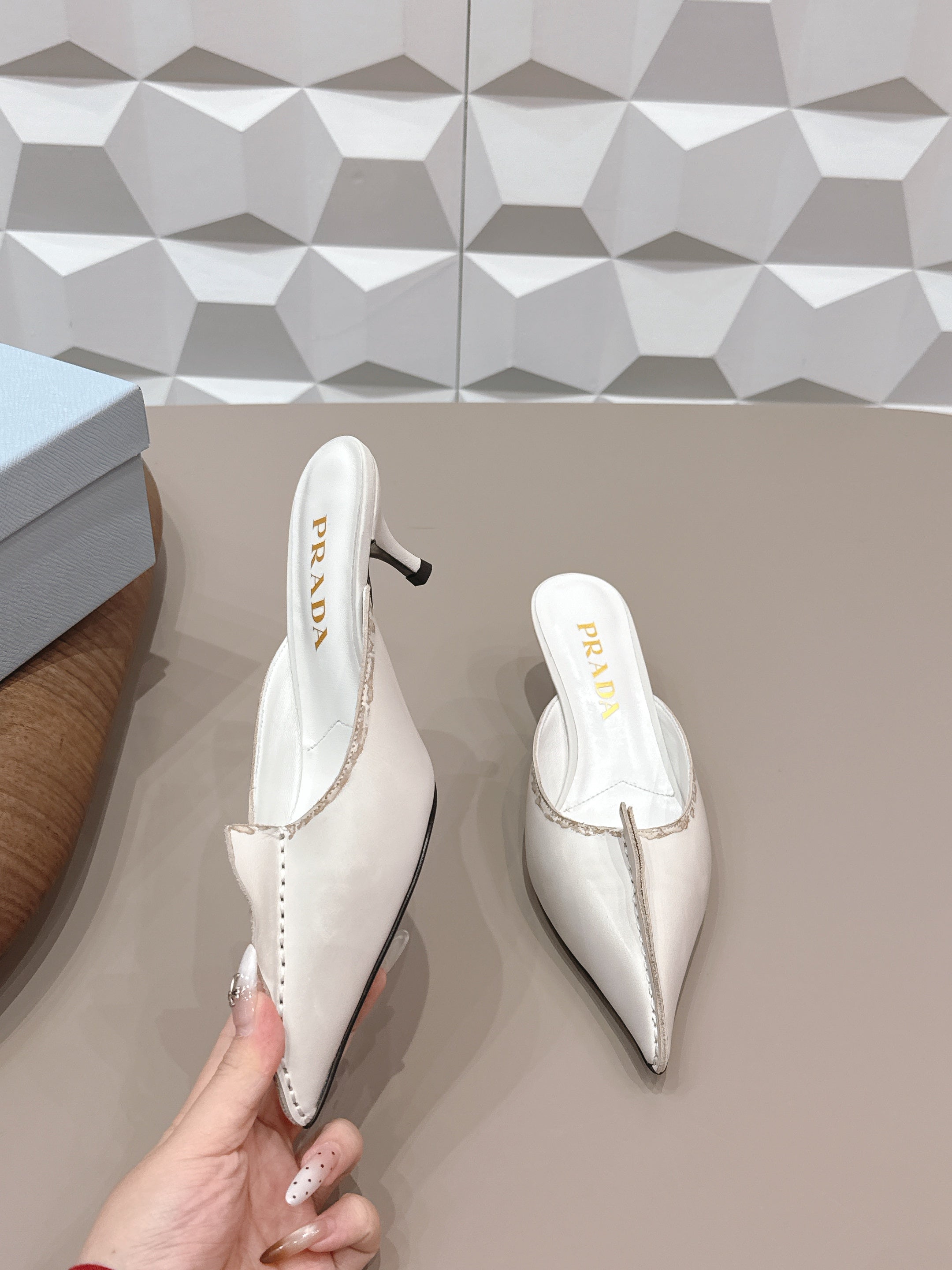 PRADA 26S POINTED TOE LACE TRIM MULES 55MM IN CREAM WHITE CALFSKIN
