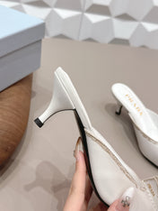 PRADA 26S POINTED TOE LACE TRIM MULES 55MM IN CREAM WHITE CALFSKIN