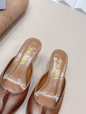 PRADA 26S POINTED TOE LACE TRIM MULES 55MM IN CARAMEL BROWN CALFSKIN