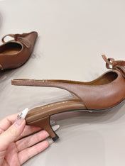 PRADA 26S POINTED TOE SLINGBACK HIGH HEELS 55MM IN BROWN CALFSKIN WITH BOW