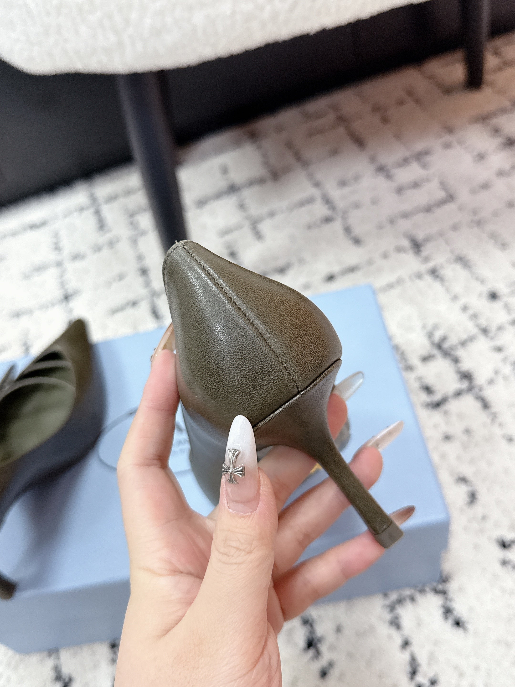 PRADA 26S POINTED-TOE HIGH HEELS 75MM IN OLIVE BROWN CALFSKIN