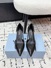 PRADA 26S POINTED-TOE HIGH HEELS 75MM IN BLACK CALFSKIN WITH BOW