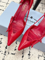 PRADA 26S POINTED-TOE HIGH HEELS 75MM IN DARK RED PATENT CALFSKIN WITH BOW