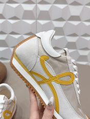 LOEWE 26S FLOW RUNNER SNEAKER IN WHITE YELLOW SUEDE AND CLEAR PLASTIC AND CALFSKIN