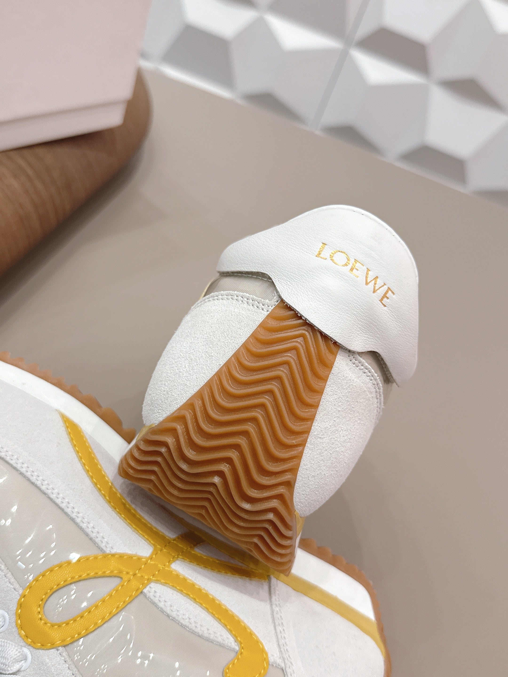 LOEWE 26S FLOW RUNNER SNEAKER IN WHITE YELLOW SUEDE AND CLEAR PLASTIC AND CALFSKIN