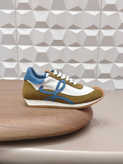 LOEWE 26S FLOW RUNNER SNEAKER IN OLIVE BROWN AND WHITE SUEDE AND BLUE CALFSKIN