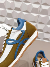 LOEWE 26S FLOW RUNNER SNEAKER IN OLIVE BROWN AND WHITE SUEDE AND BLUE CALFSKIN