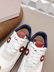 LOEWE 26S FLOW RUNNER SNEAKER IN LIGHT GRAY SUEDE AND NAVY BLUE AND RED CALFSKIN