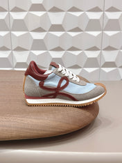 LOEWE 26S FLOW RUNNER SNEAKER IN GRAY AND BLUE SUEDE AND DARK RED CALFSKIN