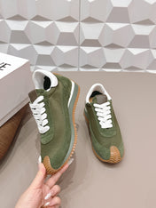 LOEWE 26S FLOW RUNNER SNEAKER IN DARK OLIVE GREEN SUEDE AND WHITE CALFSKIN