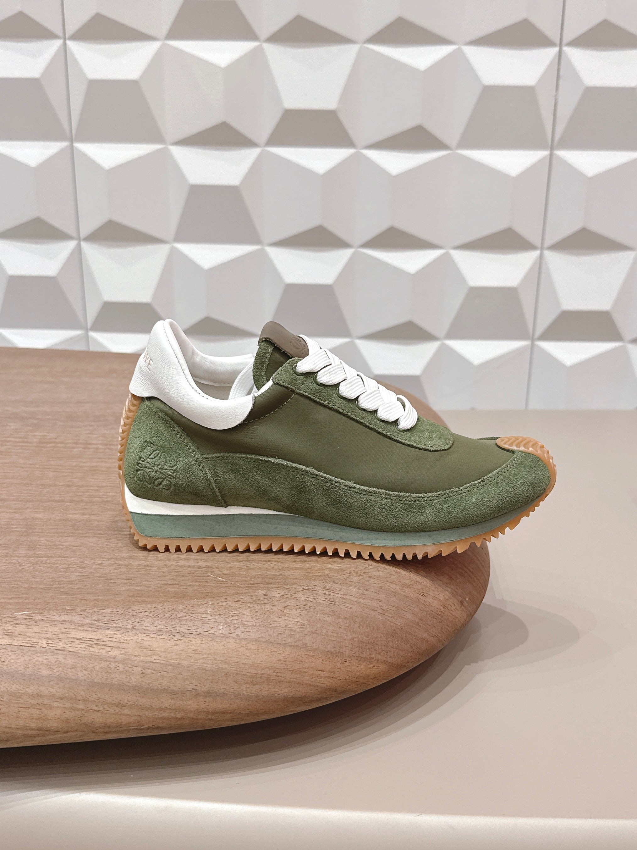 LOEWE 26S FLOW RUNNER SNEAKER IN DARK OLIVE GREEN SUEDE AND WHITE CALFSKIN