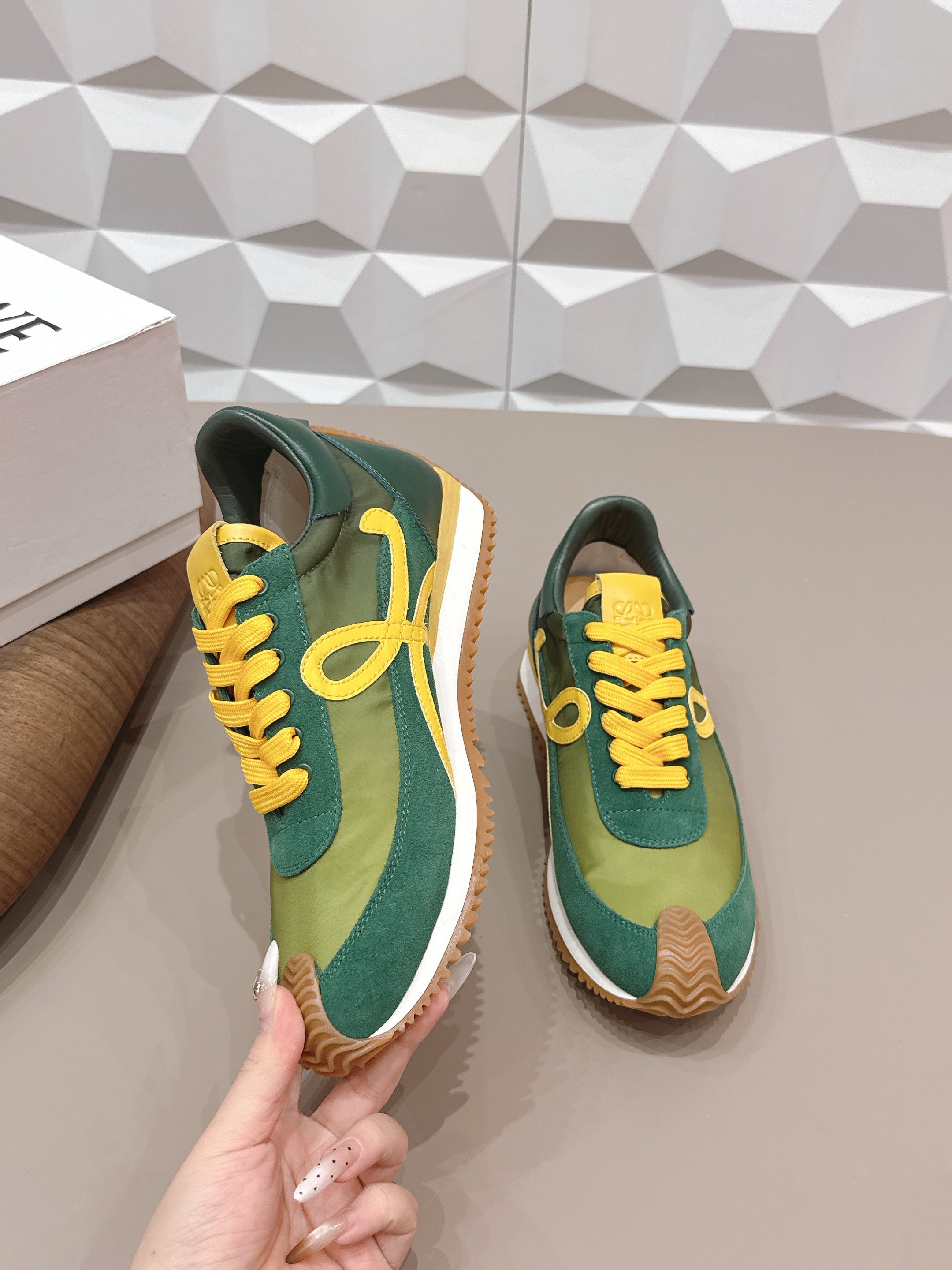 LOEWE 26S FLOW RUNNER SNEAKER IN GREEN AND YELLOW SUEDE AND CALFSKIN
