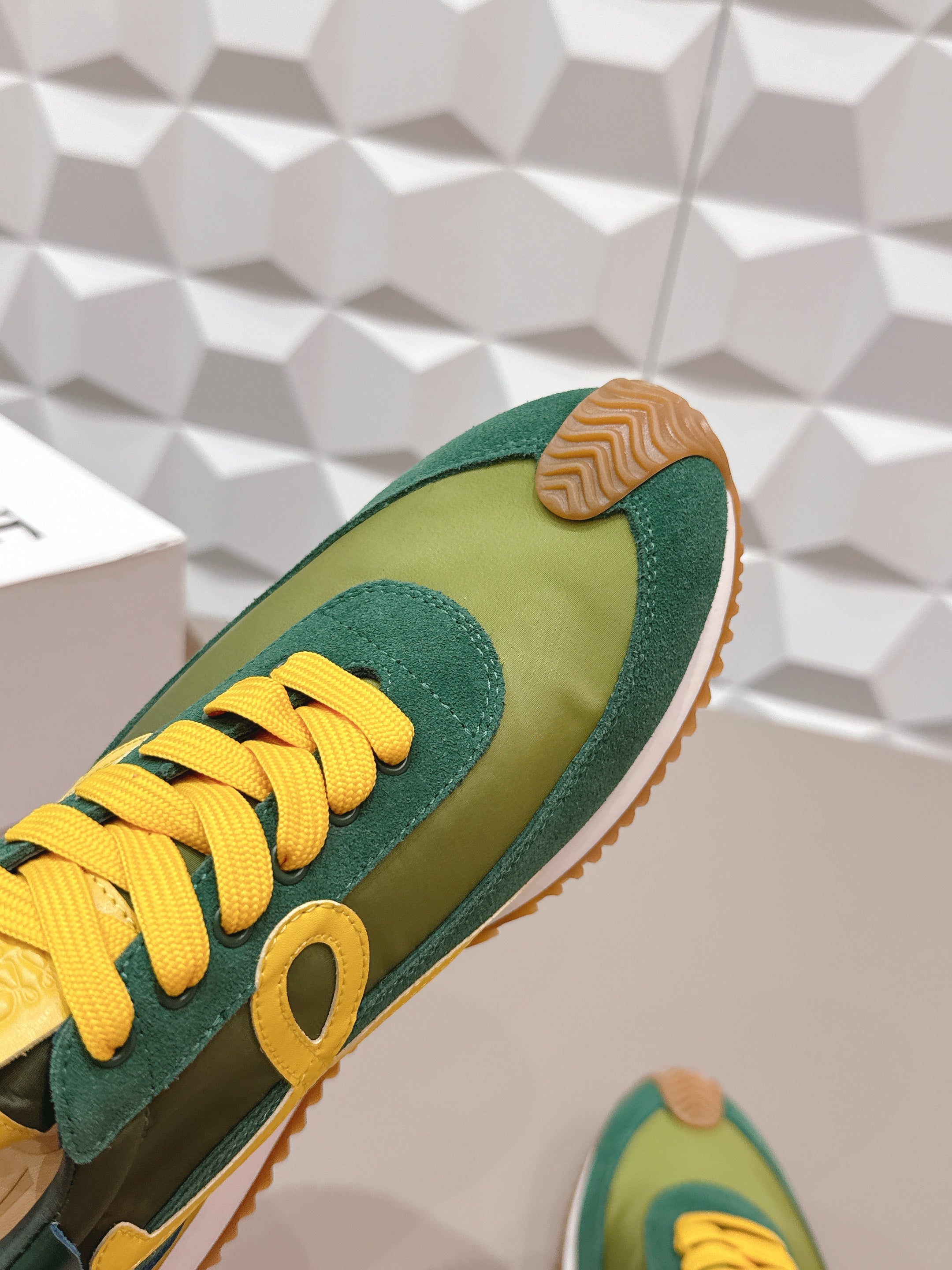 LOEWE 26S FLOW RUNNER SNEAKER IN GREEN AND YELLOW SUEDE AND CALFSKIN