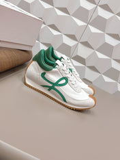 LOEWE 26S FLOW RUNNER SNEAKER IN WHITE SUEDE AND DEEP TEAL GREEN CALFSKIN