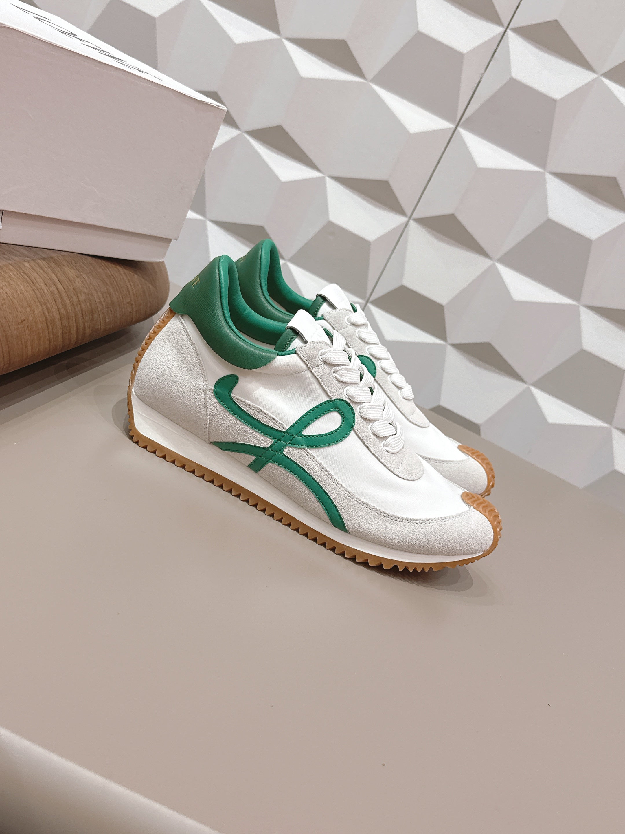 LOEWE 26S FLOW RUNNER SNEAKER IN WHITE SUEDE AND DEEP TEAL GREEN CALFSKIN