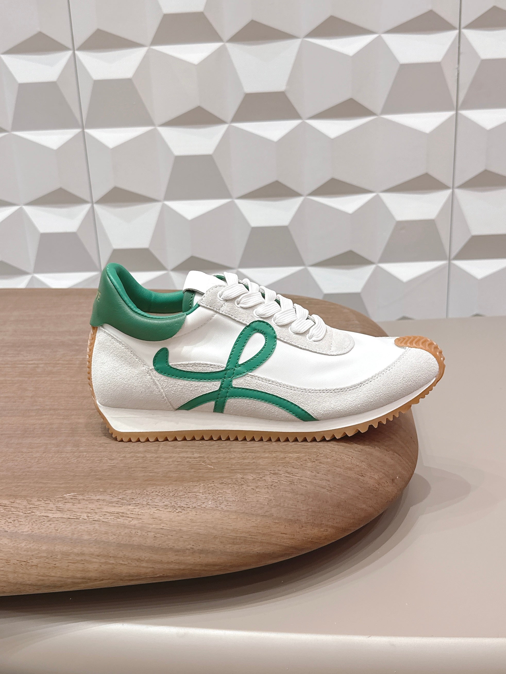 LOEWE 26S FLOW RUNNER SNEAKER IN WHITE SUEDE AND DEEP TEAL GREEN CALFSKIN