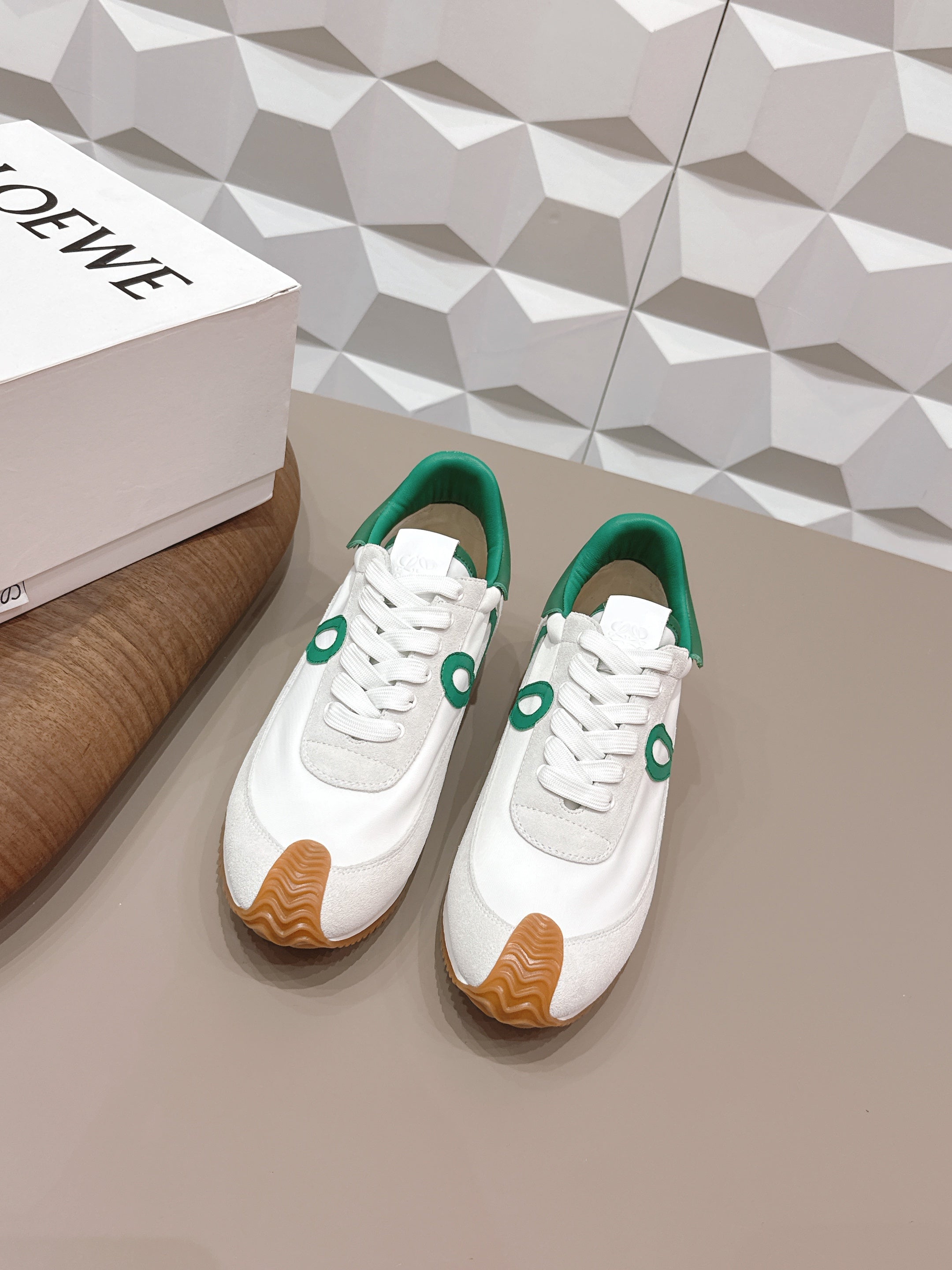 LOEWE 26S FLOW RUNNER SNEAKER IN WHITE SUEDE AND DEEP TEAL GREEN CALFSKIN