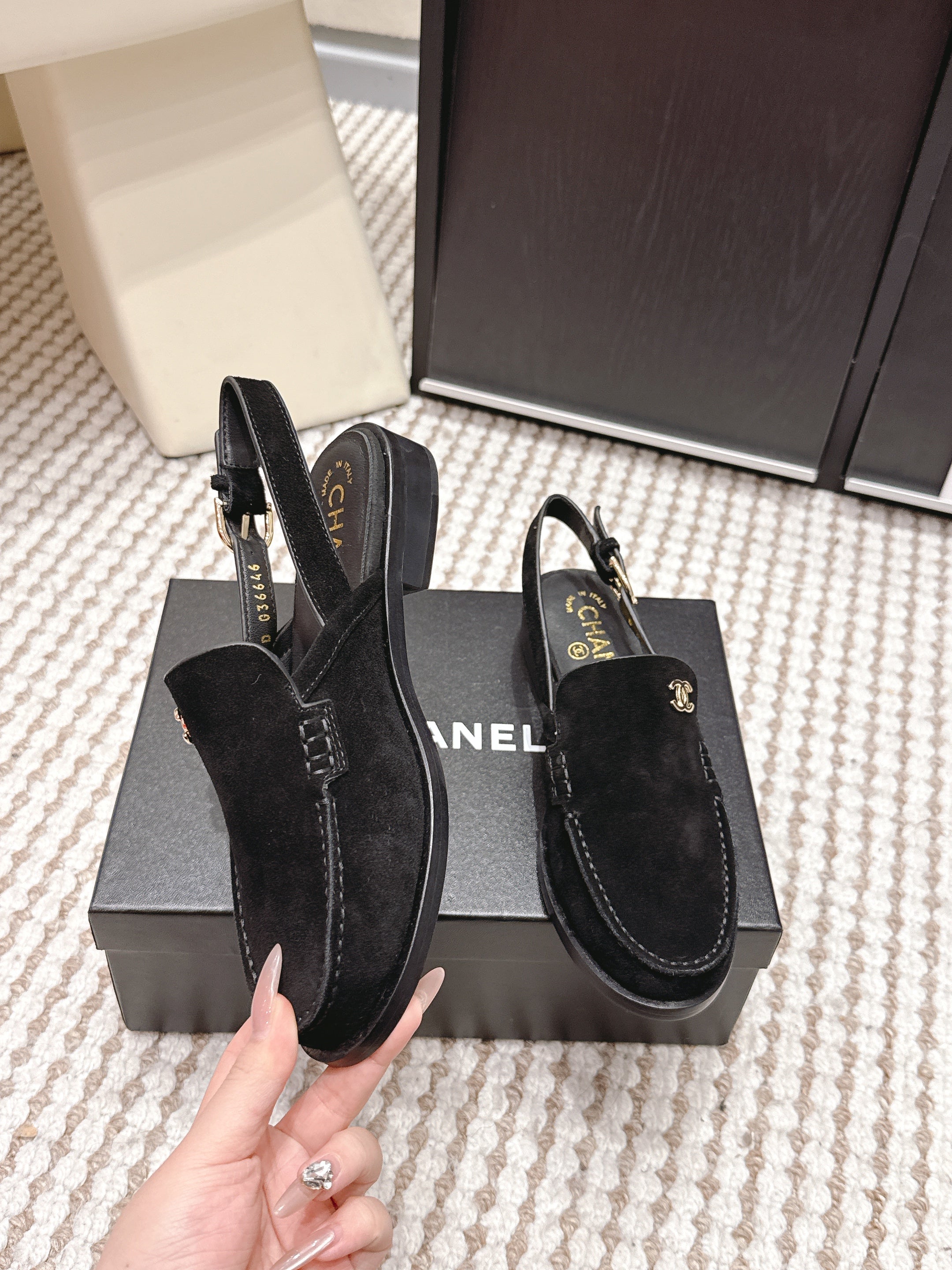 CHANEL 26S SLINGBACK LOAFERS IN BLACK SUEDE