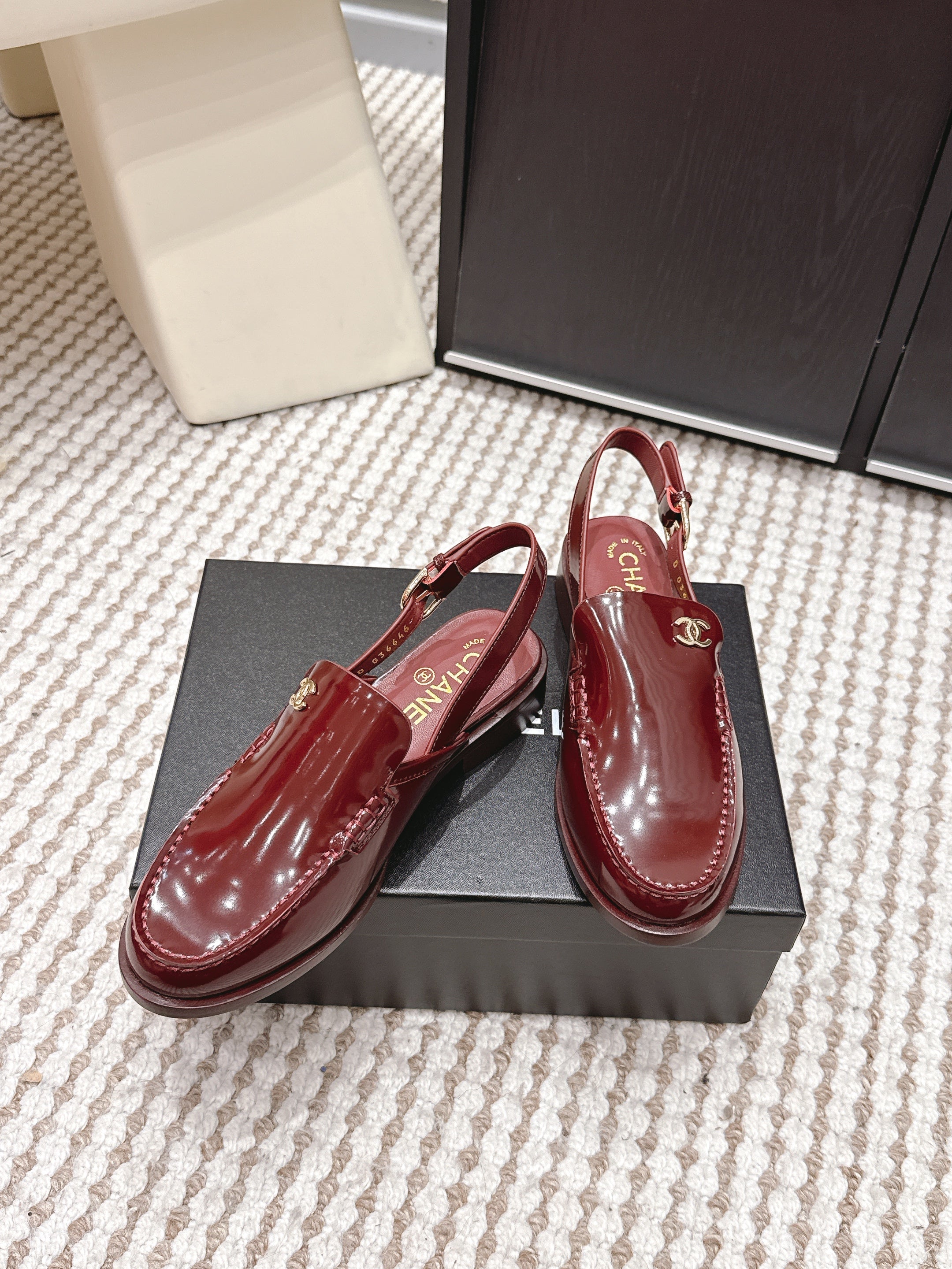 CHANEL 26S SLINGBACK LOAFERS IN DARK RED GLOSSY CALFSKIN