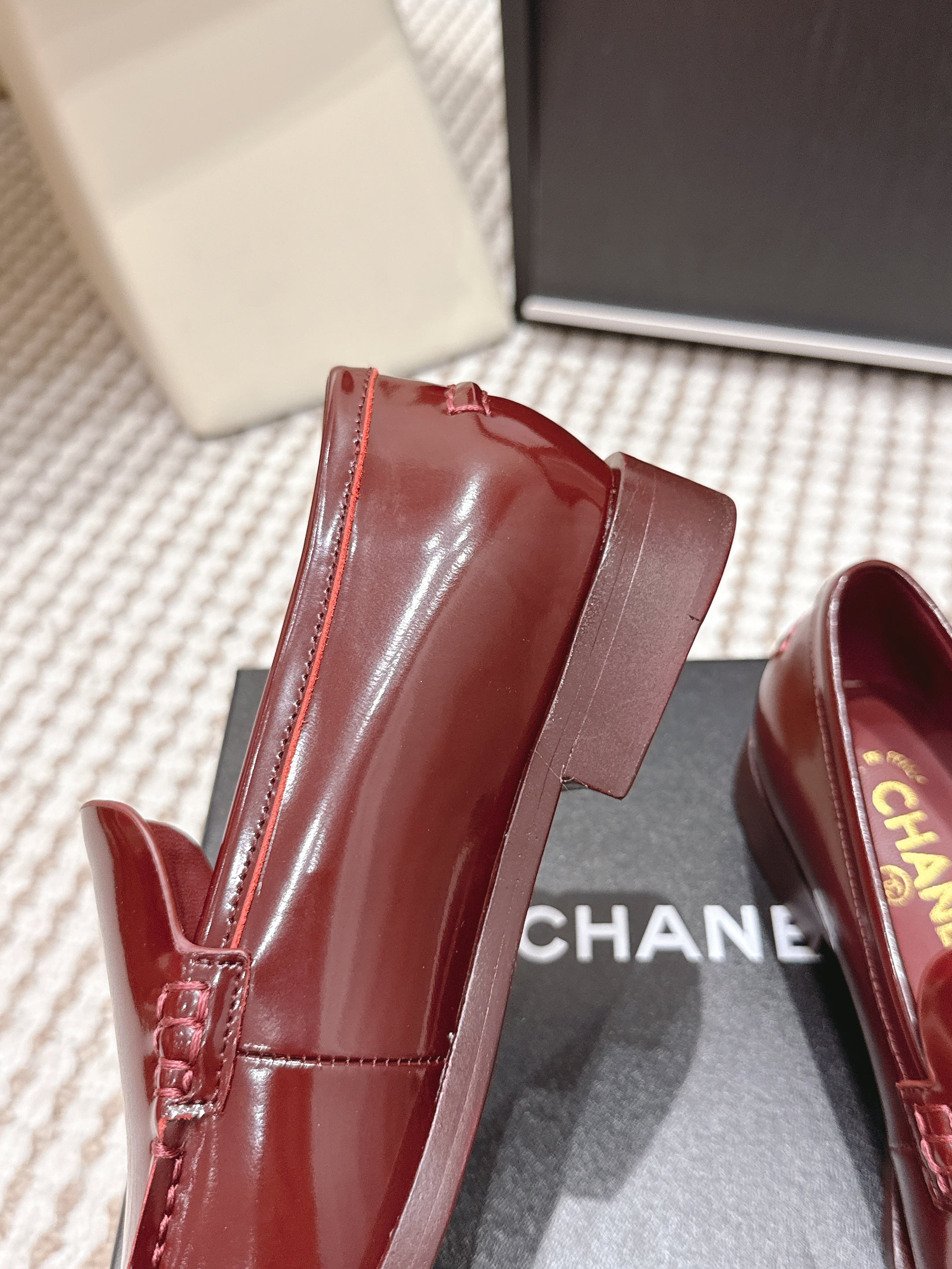 CHANEL 26S LOAFERS IN DARK RED GLOSSY CALFSKIN