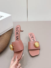 LOEWE 26S SQUARE TOE SANDALS 45MM IN PINK CALFSKIN GOLD HARDWARE