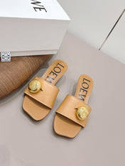 LOEWE 26S SQUARE TOE SANDALS 45MM IN TAN BROWN CALFSKIN GOLD HARDWARE
