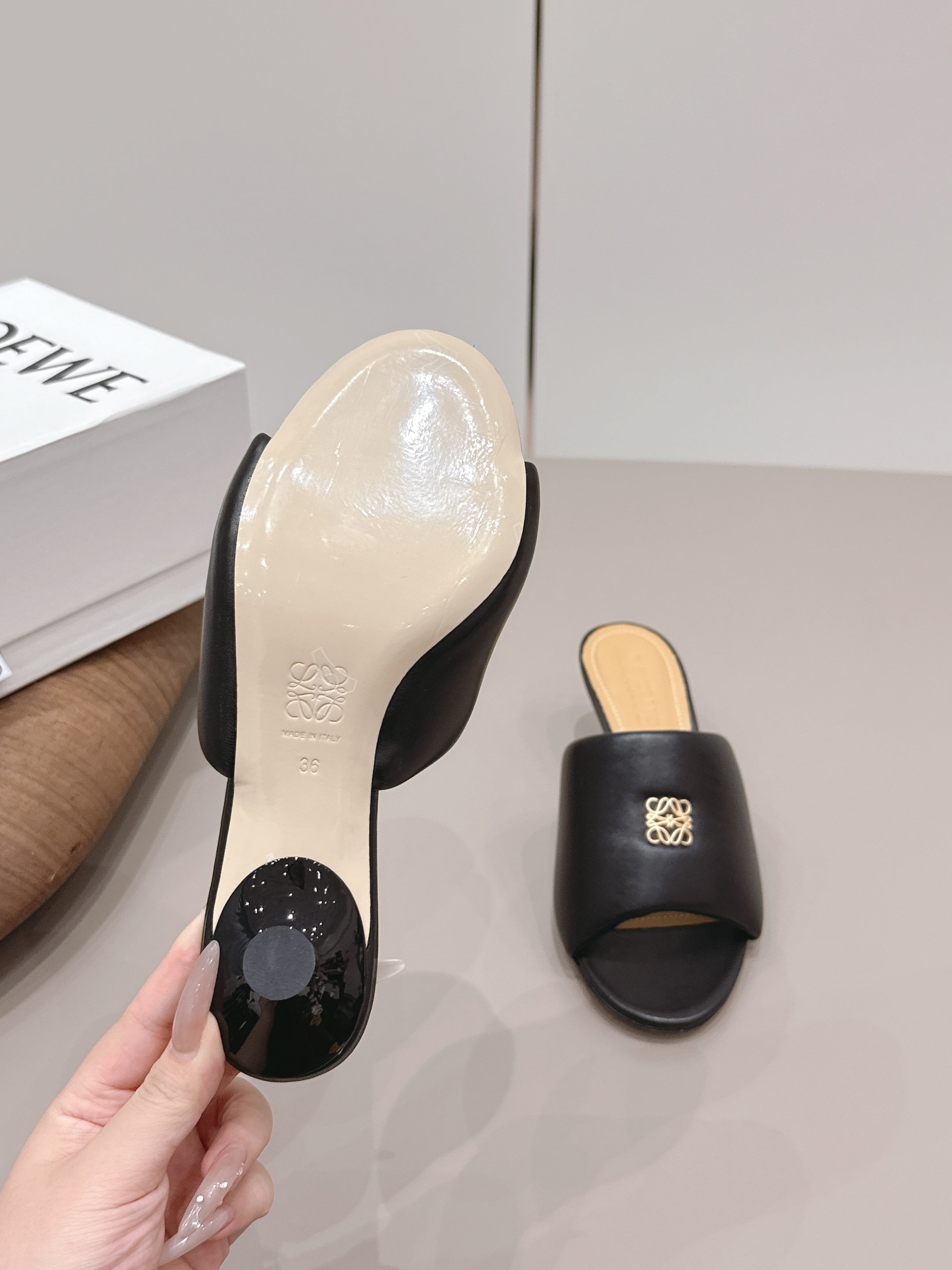 LOEWE 26S MULE HEELS 45MM IN BLACK LAMBSKIN GOLD HARDWARE