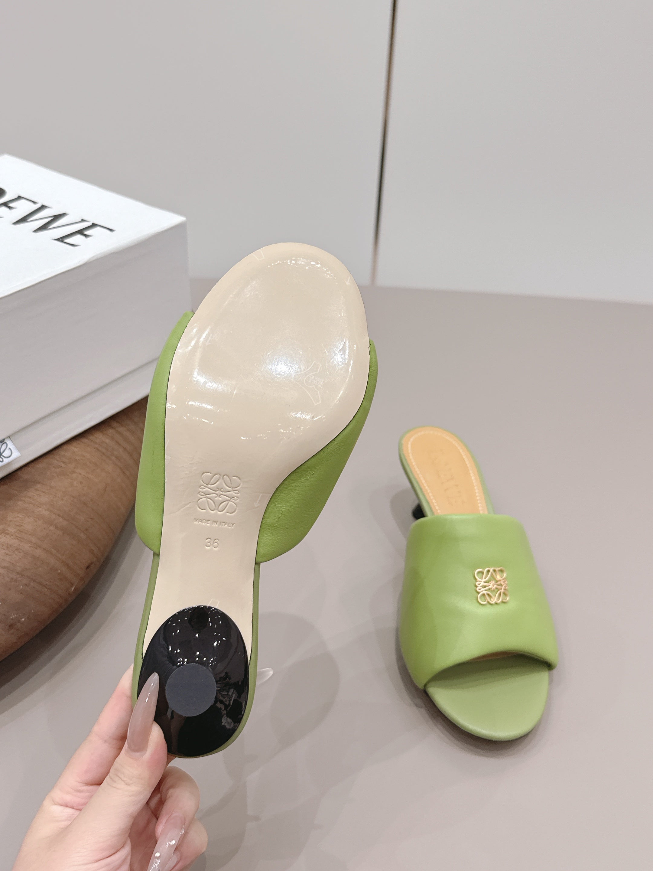 LOEWE 26S MULE HEELS 45MM IN OLIVE GREEN LAMBSKIN GOLD HARDWARE