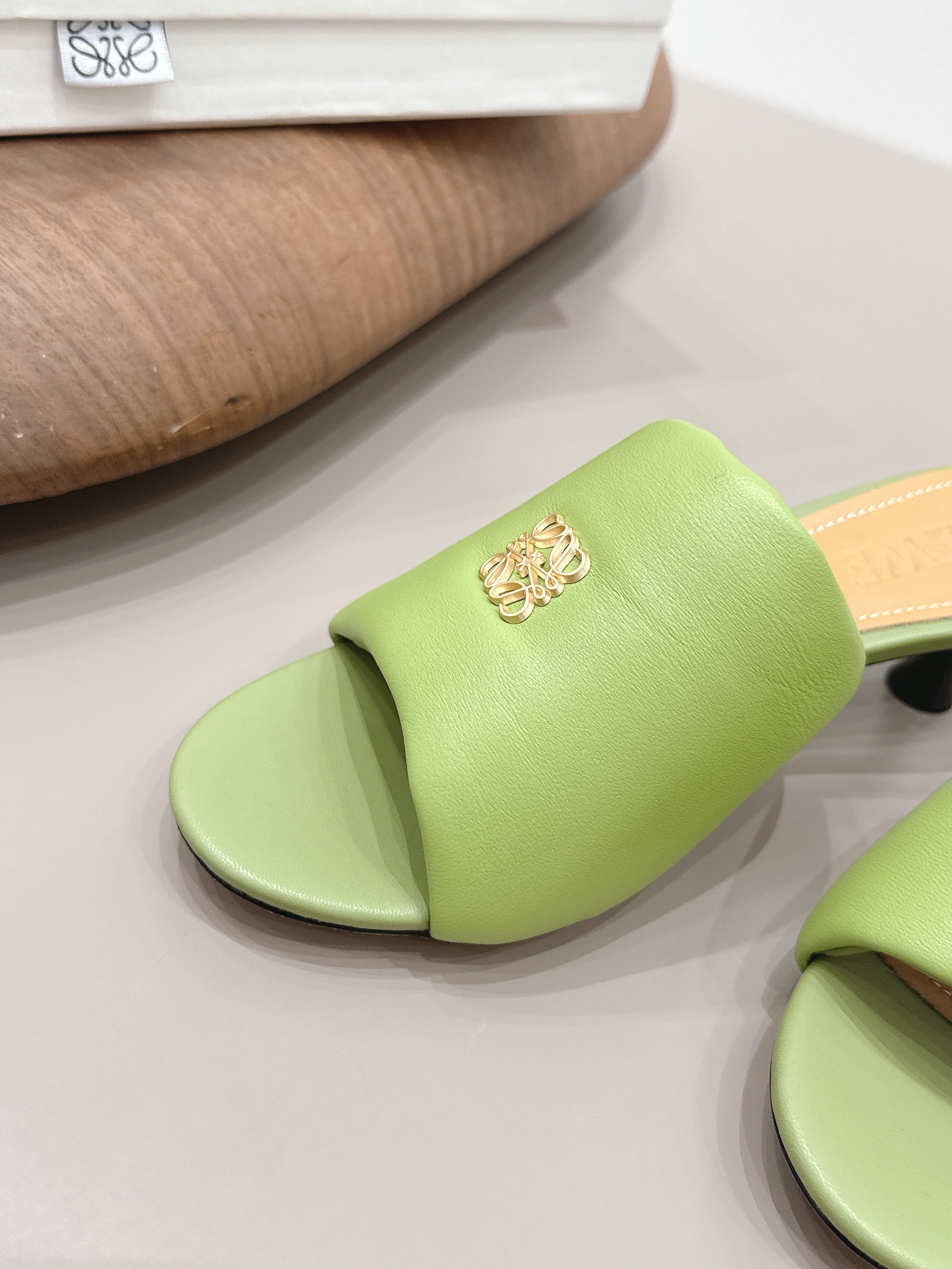 LOEWE 26S MULE HEELS 45MM IN OLIVE GREEN LAMBSKIN GOLD HARDWARE