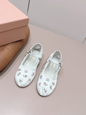 MIUMIU 26S MARY JANE BALLET FLATS IN WHITE FABRIC CRYSTAL EMBELLISHED