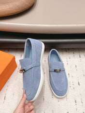 HM 26S KELLY PARIS LOAFERS IN LIGHT BLUE SUEDE SILVER HARDWARE
