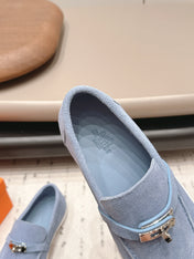 HM 26S KELLY PARIS LOAFERS IN LIGHT BLUE SUEDE SILVER HARDWARE
