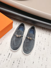 HM 26S KELLY PARIS LOAFERS IN BLUE GREY SUEDE SILVER HARDWARE